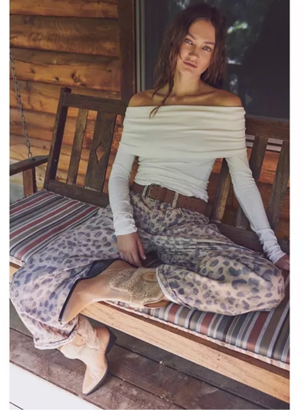 Free People We The Free Good Luck Leopard Barrel Leg Jeans in Brown Sugar
